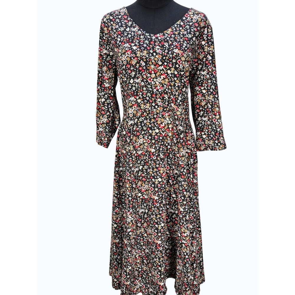 Women's Pact XXL Black Floral Midi Dress Long Sleeve Organic Cotton Fall Cottage